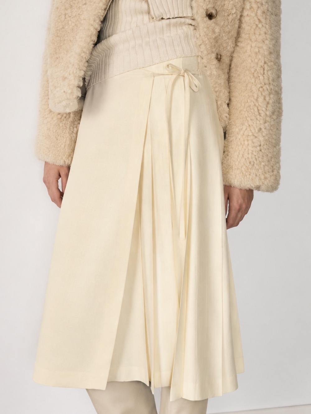 Mango Cream Lyocell Wrap-Effect Pleated Midi Skirt